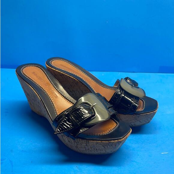 Francesco Morichetti Cork Wedge Black Leather Sandals Size 38 US 6 6.5 - Picture 9 of 12